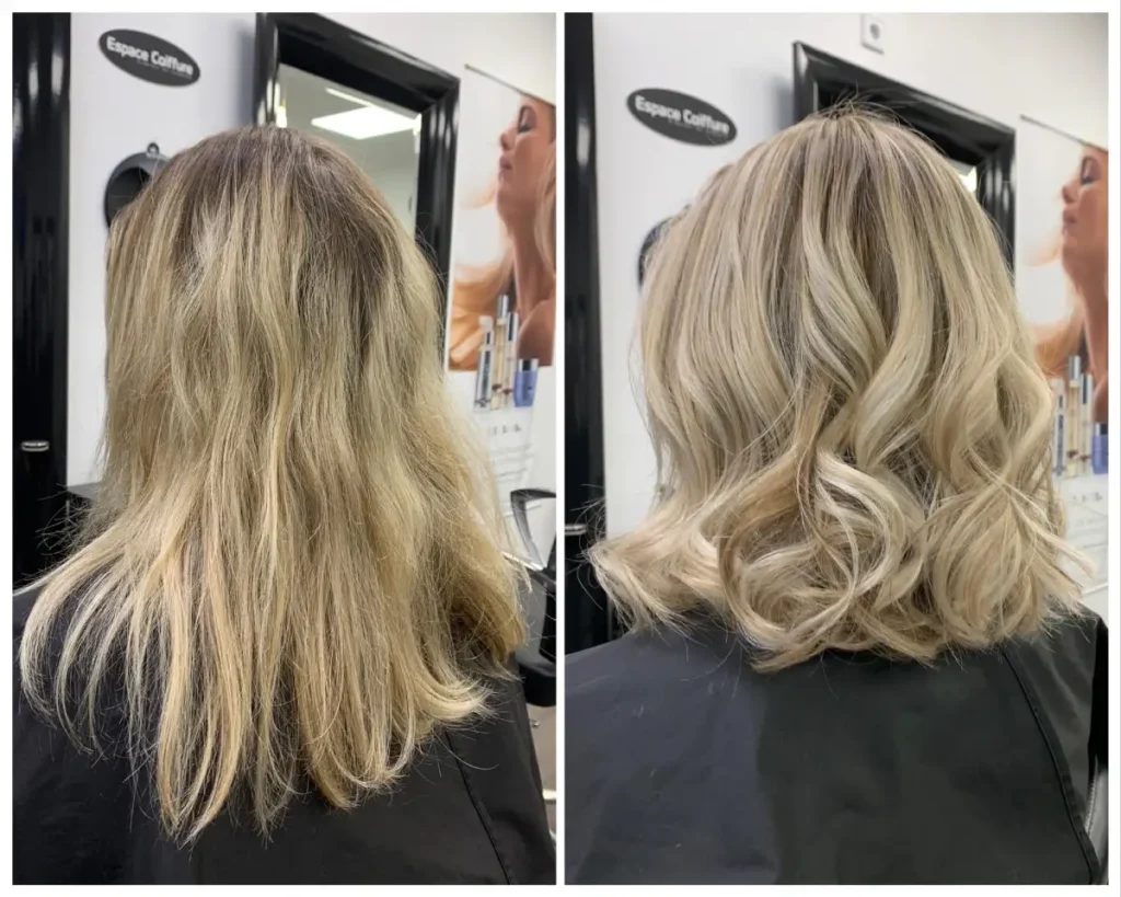 Avant / après coloration blond froid – Salon de coiffure Bertrange – Espace-Coiffure Mondorf