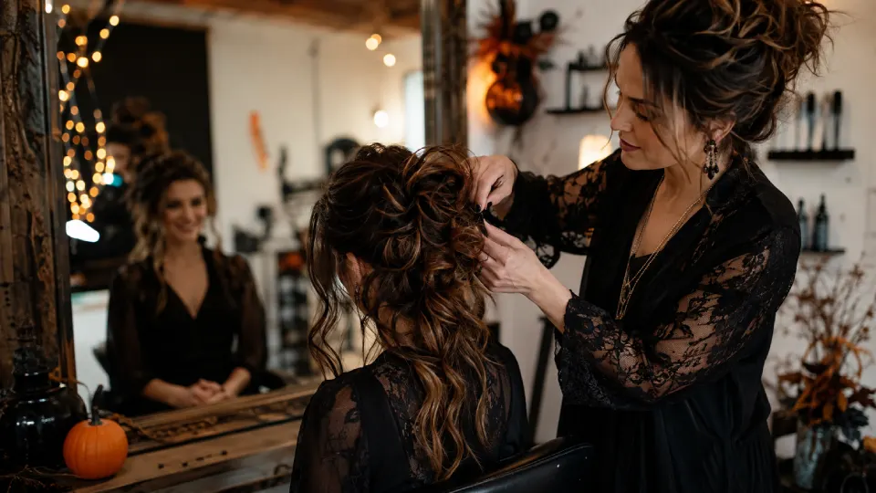 Coiffure Halloween réalisée en salon, look sorcière chic