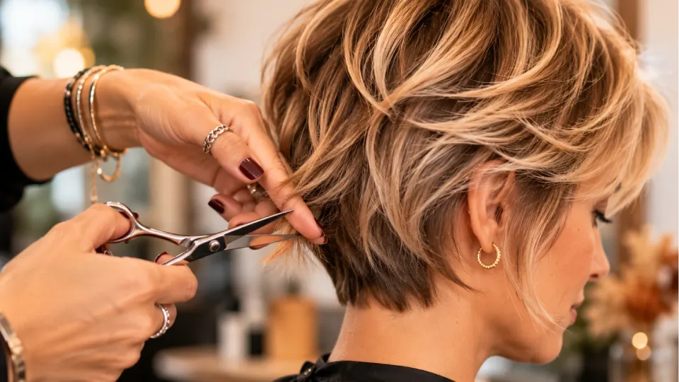Coupe courte texturée en cours de réalisation en salon