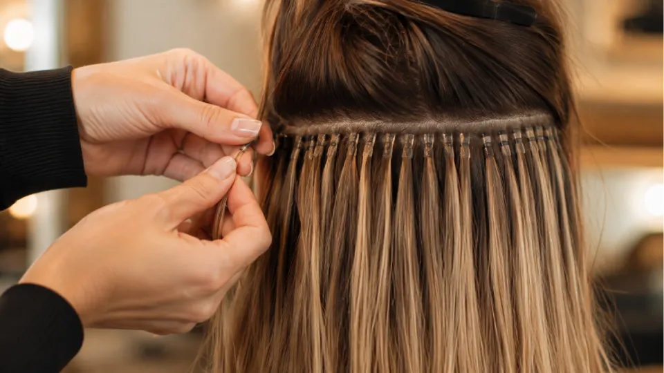 Extensions de cheveux, pose de façon minutieuse en salon de chaque mèche