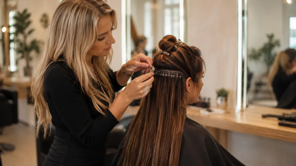 Extensions de cheveux, pose en salon mèche par mèche